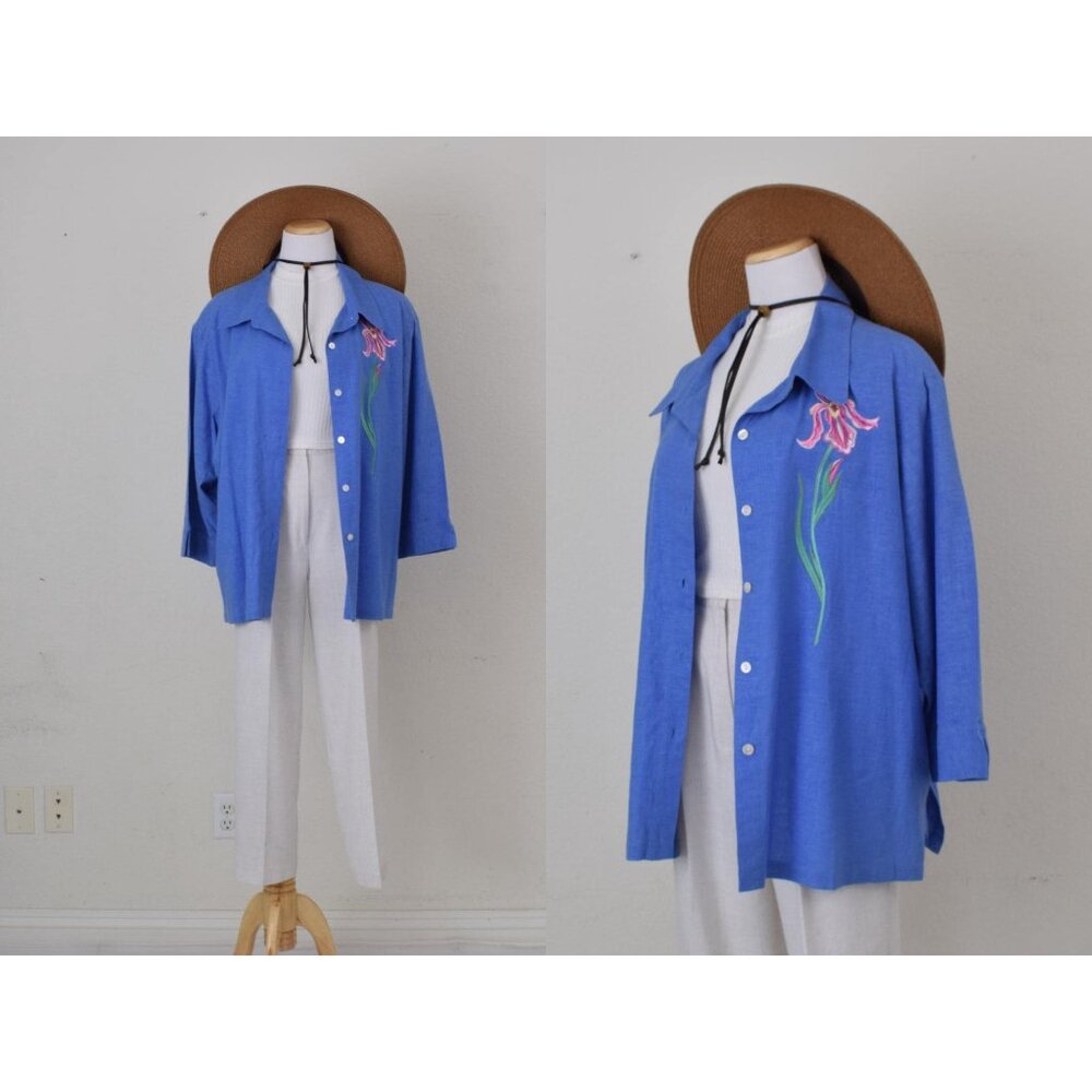 Bob Mackie Periwinkle Blue Button Front Blouse with Pink Floral Embroidery